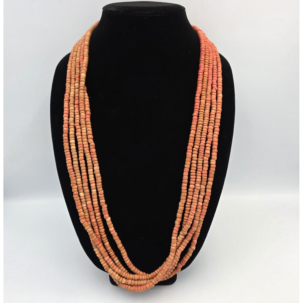 Vtg 5 Strand Solid Wood Statement Necklace 15.5" Terracotta Orange Boho Hippie
